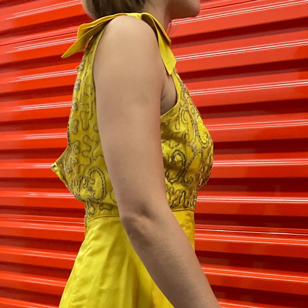 1965 Yellow Satin Beaded Evening Gown